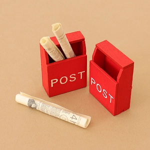 Red miniature wooden dollhouse mailbox set with POST text for Christmas decor and DIY scenes