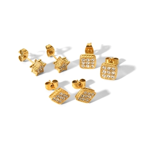 Three pairs of 18K gold plated stainless steel star and geometric stud earrings with zircons
