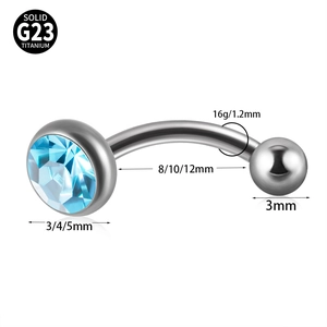 G23 titanium 16G curved barbell with light blue zircon for eyebrow and ear piercings