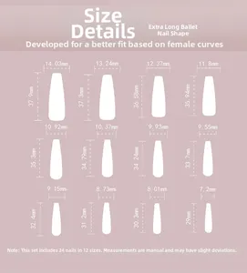 Size chart showing 12 dimensions for long French gradient press-on nail set