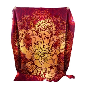 Thick flannel Ganesha tapestry blanket in red and gold with intricate mandala patterns