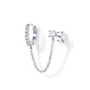 Detail view of S925 sterling silver ear cuff with single row diamonds and long tassel chain
