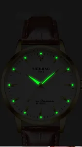 Luminous green glow on hands and markers of the TIGERAO R81005G watch in the dark
