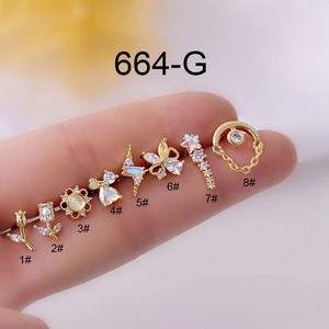 Zircon Inlaid Stainless Steel Cartilage Earring Stud Screw Ball Back Helix Piercing Flower Star Butterfly Women Jewelry