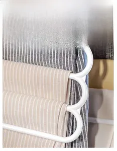 Detail of multi-tier pants hanger showing smooth curved edges and protective white coating