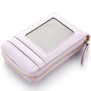 Slim purple pebble leather accordion card holder with gold zipper and ID window