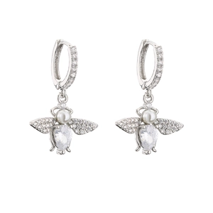 Detailed view of silver bee earrings with micro-pave crystals and pearl accent