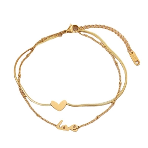 Double layered 18K gold plated titanium steel anklet with heart and love pendants