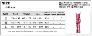 Size chart for mesh printed backless jumpsuit with detailed measurements in cm