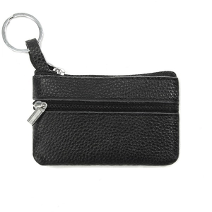 Slim black lychee leather mini coin purse with double zipper and silver metal keychain