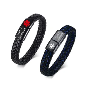 Black leather medical alert bracelet for Type 1 and Type 2 Diabetes with steel magnetic clasp