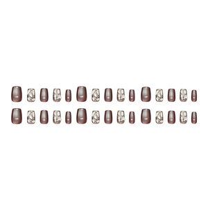 Deep burgundy cat-eye press-on nails set with glitter rhinestones and white star charms