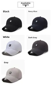 Detailed grid view of quick-dry baseball caps in black, navy, white, and grey color options