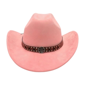 Elegant pink faux suede western cowboy hat with studded leather band on white background