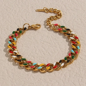 Women's Punk Hip Hop Thick Gold Stainless Steel Cuban Link Bracelet With Colorful Enamel Geometric Fashion Jewelry