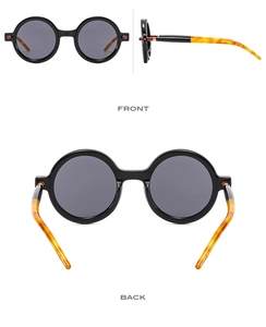 Three-angle views of round retro sunglasses with black frames and tortoiseshell temples