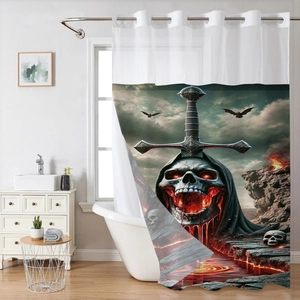 Detail of waterproof goth shower curtain featuring skull sword and flame pattern