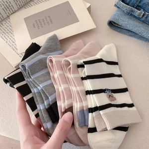 Lot de chaussettes mi-mollet en coton à rayures avec broderie d'ours en tons neutres