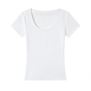 Detailed view of women's white slim-fit T-shirt with deep U-neckline and smooth fabric