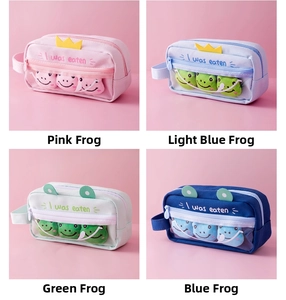 Detailed grid view of frog-themed canvas pencil cases in pink, blue, and green colors