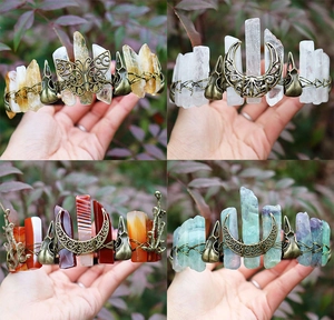 Detailed views of handmade crystal crowns with moon and butterfly bronze elements