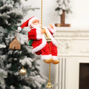 Electric climbing Santa Claus on gold bead chain with red plush suit for holiday decor