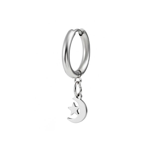 Polished stainless steel hoop earring with moon and star pendant on white background