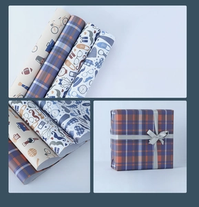 Detail view of assorted gift wrapping paper with vintage bicycles and plaid patterns