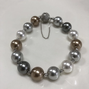Morandi pearl bracelet with multi-color beads, pave crystal clasp and safety chain