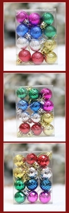Detailed view of 3cm colorful electroplated Christmas balls with varied textures in packaging
