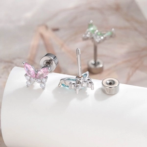 Silver butterfly cartilage studs with colorful zircon stones and screw back closure