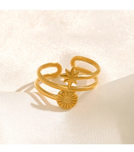 Detail of gold double-layered adjustable ring with starburst and sunburst motifs