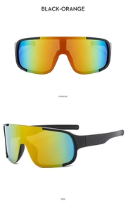 Front and side views of black frame outdoor cycling goggles with orange gradient lenses