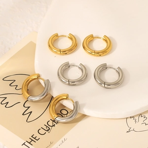 Minimalist Stainless Steel Hoop Earrings 18K Gold Plated Chunky Geometric Circular Smooth Polished Fashion Jewelry Women