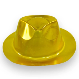Shiny yellow metallic plastic fedora hat for parties and festive masquerade events