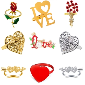 Alloy Enamel Rhinestone Artificial Pearl Napkin Rings Heart Rose Flower LOVE Design For Valentines Day Wedding Table Decoration Romantic Elegant
