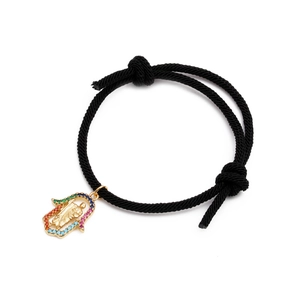 Schwarzes Mailänder Seilarmband mit goldenem Jungfrau-Maria-Anhänger und bunten Steinen
