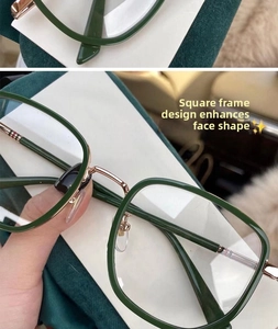 Detailed close-up of dark green frame and gold metal bridge of retro square eyeglasses