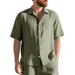 Men's olive green striped short sleeve shirt and shorts set in breathable linen fabric