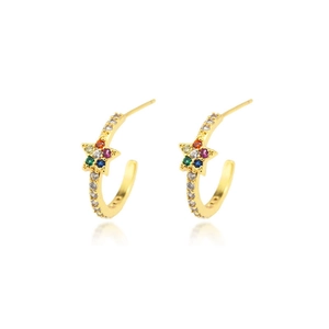 Golden star-shaped hoop earrings with colorful zircon stones in a symmetrical view