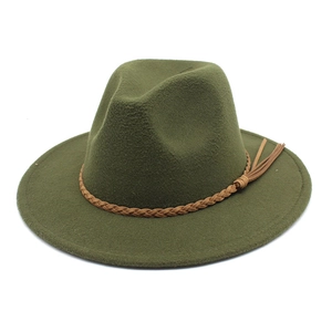 Close-up of olive green wool fedora hat featuring a brown braided leather band and tassel