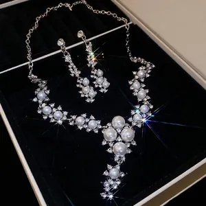 Floral Faux Artificial Pearl Rhinestone Necklace And Drop Earrings Vintage Elegant Women Jewelry With Silver Earring Post
