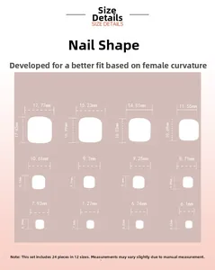 Detailed size guide for French white press-on toe nails with 12 measurement specs