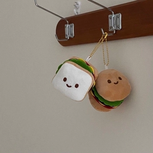 Cute plush sandwich and burger keychain set with gold bead chains for bags and backpacks