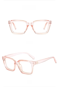 Detailed views of square transparent pink eyeglasses frame from front and side angles