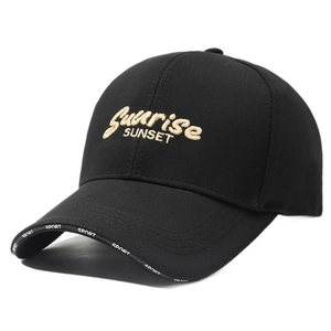 Black cotton baseball cap with Sunrise Sunset embroidery and Sport text on brim