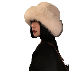 Winter faux fur bucket hat in white, fluffy plush fisherman style for cold weather warmth