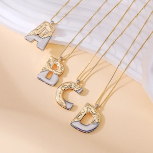 Two Tone Alphabet Initial Letter Pendant Necklace Women Lava Hammered Texture Copper Zircon Adjustable Box Chain Jewelry