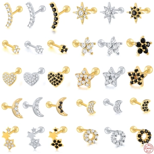 Mini Ear Cartilage Stud Earrings 925 Sterling Silver Cubic Zirconia Piercing Jewelry Star Moon Heart Screw Back For Women