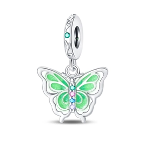 Charm papillon détaillé avec ailes en émail vert et pierres colorées plaqué argent
